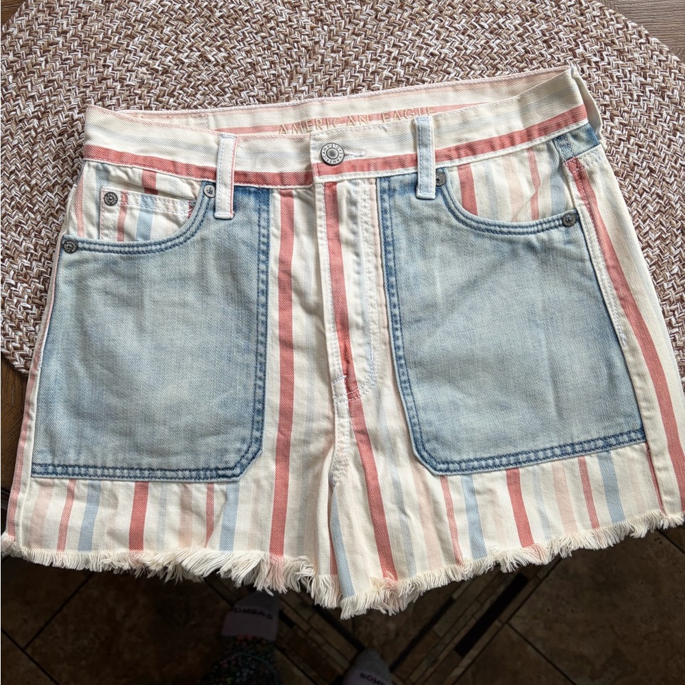 American Eagle Outfitters Striped Denim Patch Pocket Shorts - Pastel Blue & Pink